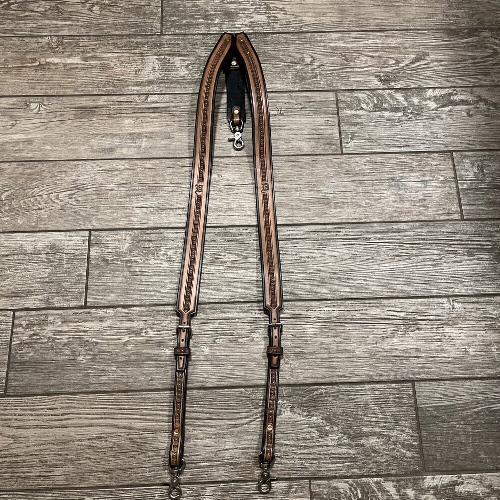 Vintage Tooled Leather Y-Back Suspenders Swivel Hooks / Clasps Adjustable